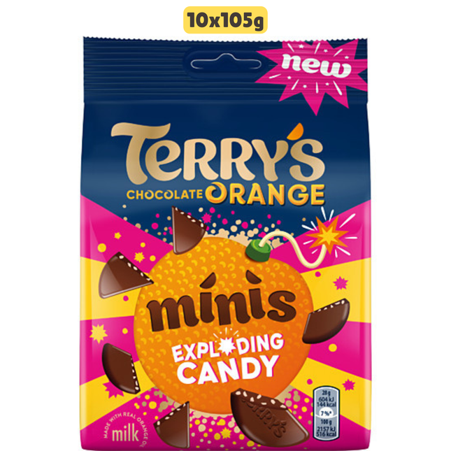 Terry's Chocolate Orange Exploding Candy Minis wholesale case containing 10 bags of chocolate orange sweets with popping candy