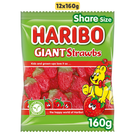 HARIBO Giant Strawbs wholesale case containing 12 sharing bags of strawberry flavour chewy jelly sweets