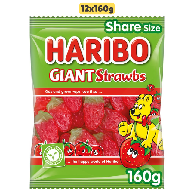 HARIBO Giant Strawbs wholesale case containing 12 sharing bags of strawberry flavour chewy jelly sweets