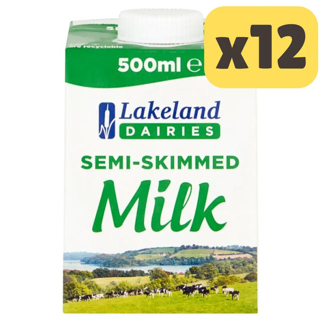 Lakeland Dairies semi-skimmed milk wholesale case containing 12 x 500ml milk bottles for catering hospitality and everyday use