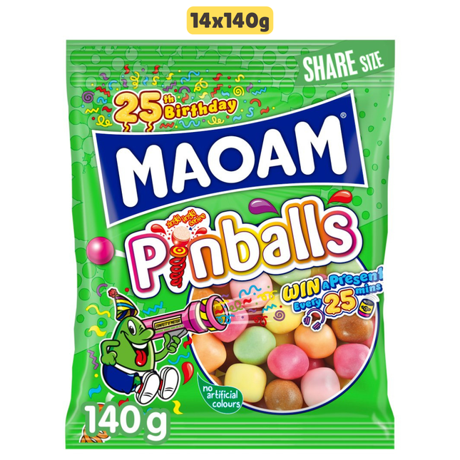 MAOAM Pinballs wholesale case containing 14 sharing bags of fruit and cola flavour chewy sweets