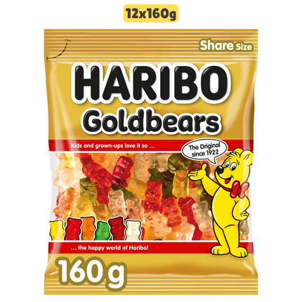 HARIBO Goldbears wholesale case containing 12 sharing bags of fruit flavour gummy bear sweets