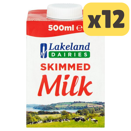 Lakeland Dairies skimmed milk wholesale case containing 12 x 500ml milk bottles for catering hospitality and everyday use