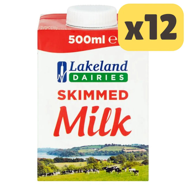 Lakeland Dairies skimmed milk wholesale case containing 12 x 500ml milk bottles for catering hospitality and everyday use