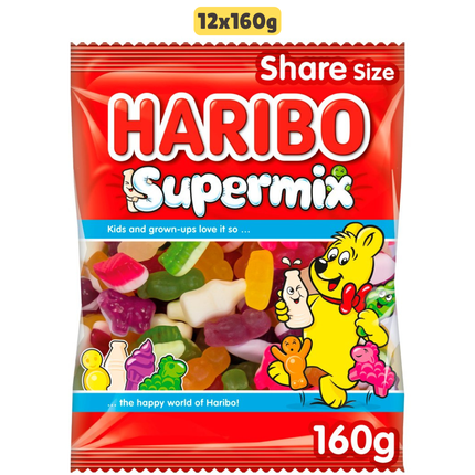HARIBO Supermix wholesale case containing 12 sharing bags of fruit and milk flavoured jelly and foam sweets
