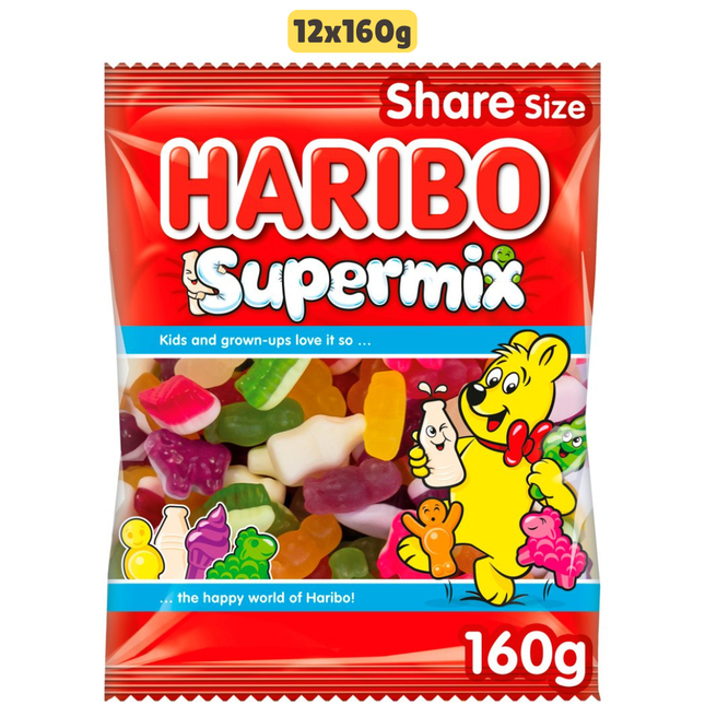 HARIBO Supermix wholesale case containing 12 sharing bags of fruit and milk flavoured jelly and foam sweets