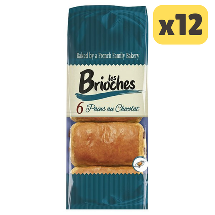 Les Brioches pains au chocolat wholesale catering case containing 12 packs of 6 chocolate filled brioche pastries for breakfast and hospitality service