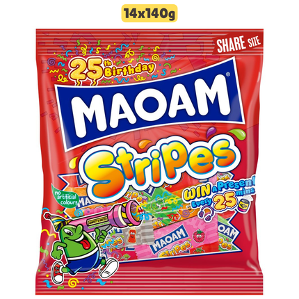 MAOAM Stripes wholesale case containing 14 sharing bags of fruit and cola flavour chewy sweets
