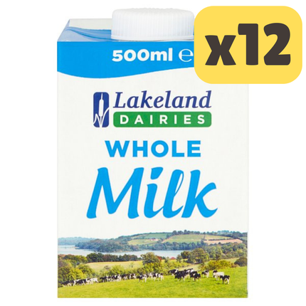 Lakeland Dairies whole milk wholesale case containing 12 x 500ml milk bottles for catering hospitality and everyday use