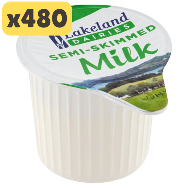 Lakeland Dairies semi skimmed UHT milk portions bulk catering pack containing 480 individual 12ml single serve milk pots for tea and coffee service
