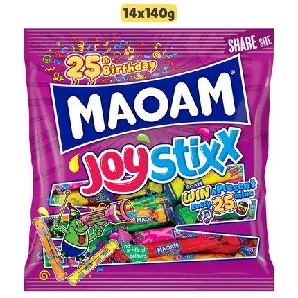 MAOAM Joystixx wholesale case containing 14 sharing bags of fruit and cola flavour chewy sweets