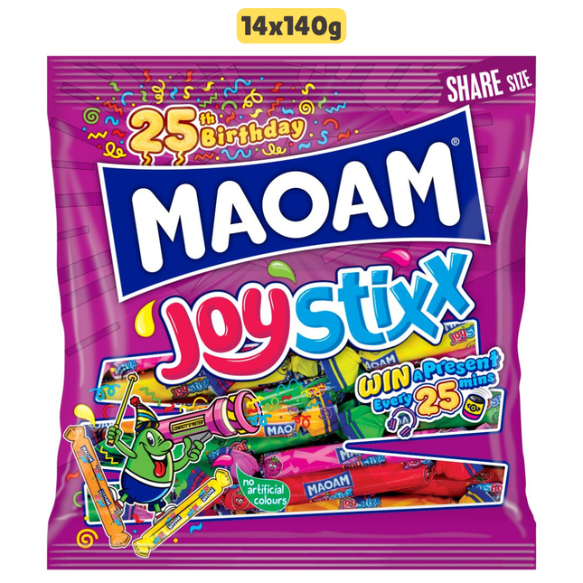 MAOAM Joystixx wholesale case containing 14 sharing bags of fruit and cola flavour chewy sweets