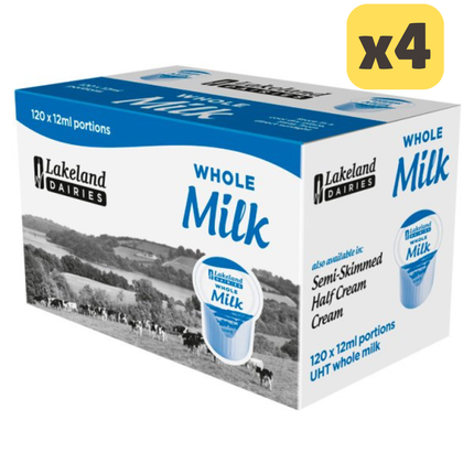 Lakeland Dairies whole milk portions bulk catering case containing 4 boxes of 120 individual 12ml UHT milk pots for tea and coffee service