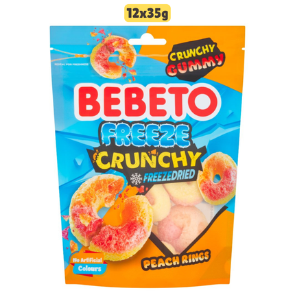 Bebeto Freeze Crunchy Freeze Dried Peach Rings wholesale case containing 12 packs of crunchy peach sweets