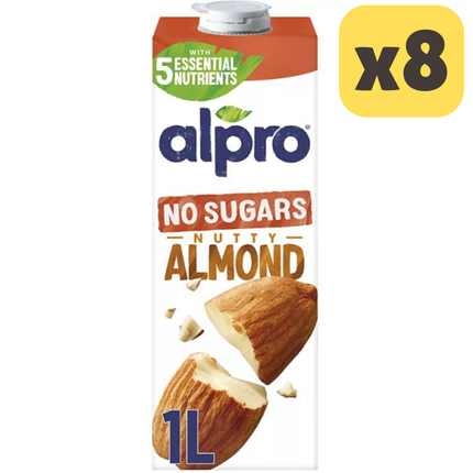 Alpro Almond No Sugars dairy free drink wholesale case containing 8 x 1L unsweetened vegan almond drink cartons