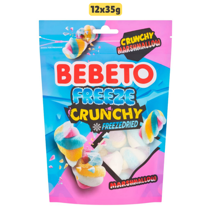 Bebeto Freeze Crunchy Freeze Dried Marshmallow wholesale case containing 12 packs of crunchy marshmallow sweets