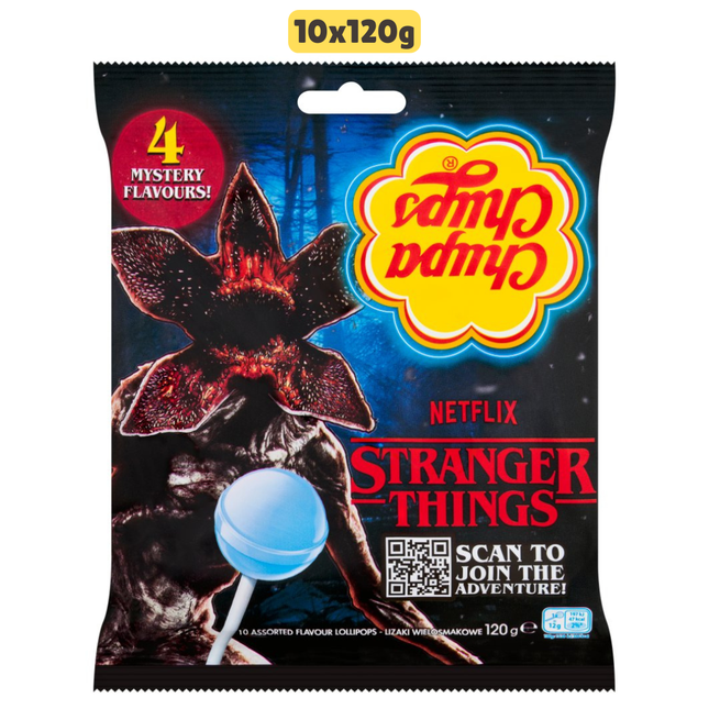 Chupa Chups Stranger Things assorted flavour lollipops wholesale case containing 10 packs of individually wrapped lollipops