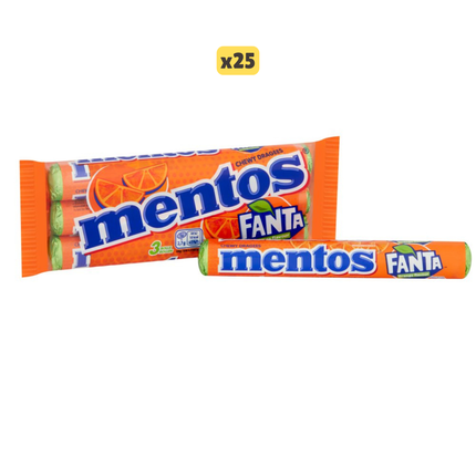 Mentos Fanta Orange Chewy Dragees wholesale case containing 25 multipacks of orange flavour chewy sweets