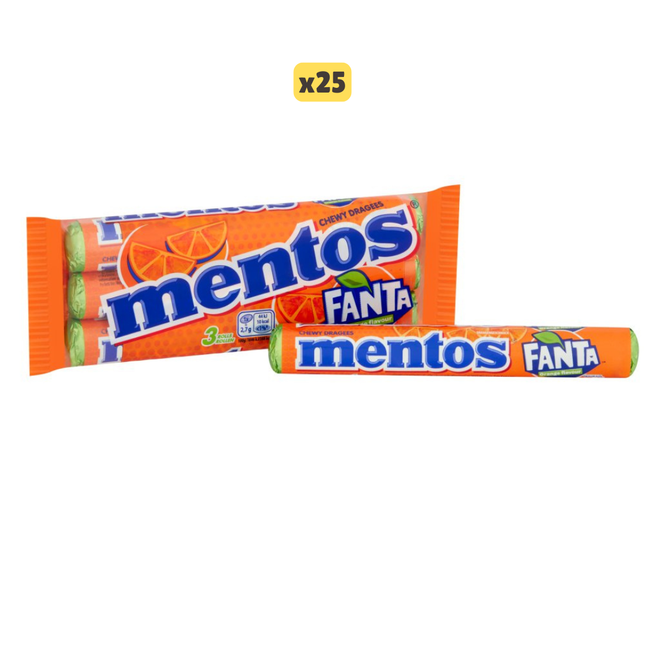 Mentos Fanta Orange Chewy Dragees wholesale case containing 25 multipacks of orange flavour chewy sweets