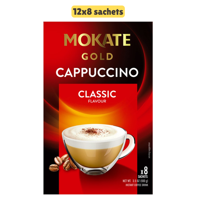 Mokate Gold Cappuccino Classic wholesale case containing 12 packs of instant cappuccino coffee sachets