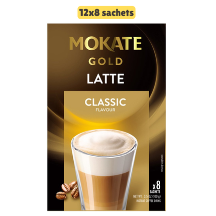 Mokate Gold Latte Classic wholesale case containing 12 packs of instant latte coffee sachets