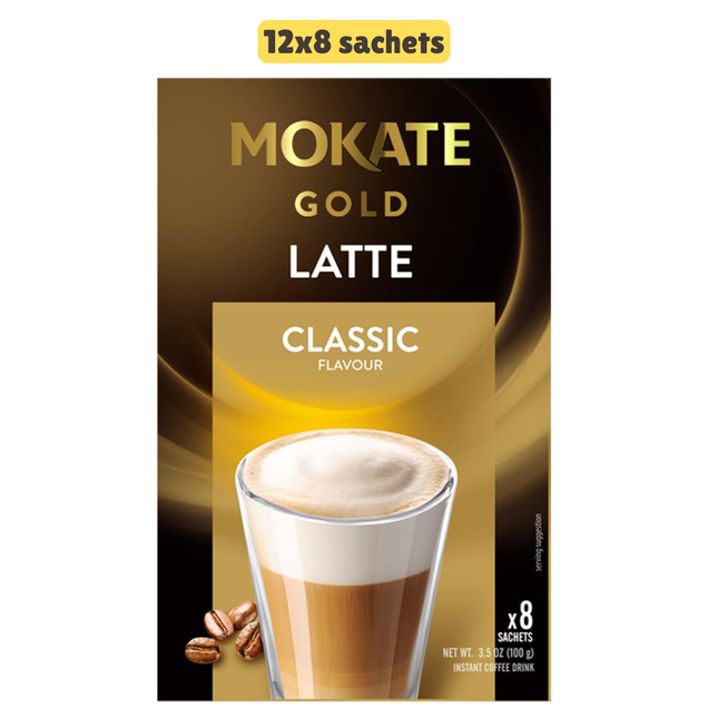 Mokate Gold Latte Classic wholesale case containing 12 packs of instant latte coffee sachets