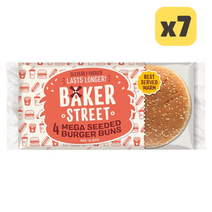 Baker Street mega seeded burger buns wholesale catering case containing 7 packs of 4 pre sliced burger buns for foodservice use