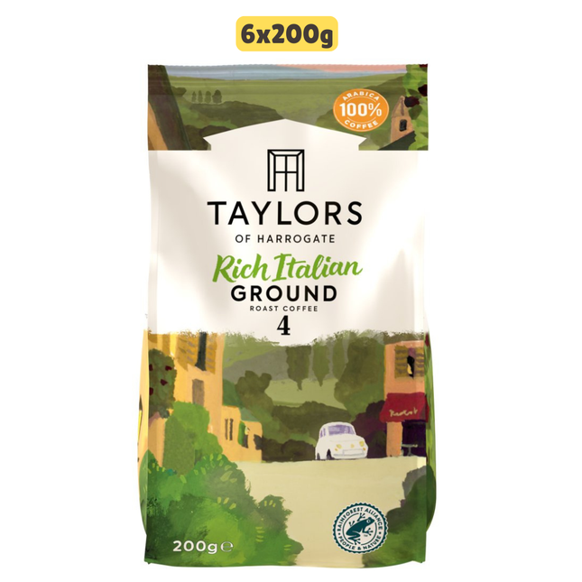 Taylors of Harrogate Rich Italian Roast Ground Coffee wholesale case containing 6 packs of dark roast ground coffee