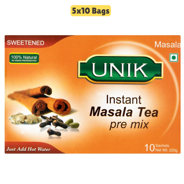 Unik Sweetened Instant Masala Tea Pre Mix wholesale case containing sachets of spiced chai tea drink mix