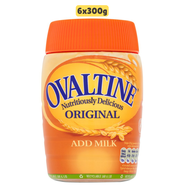 Ovaltine Original wholesale case containing 6 tubs of malted chocolate drink powder