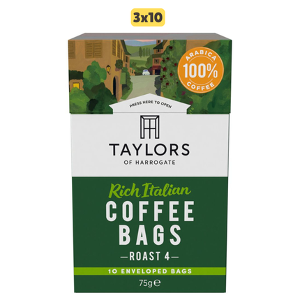 Taylors of Harrogate Rich Italian Ground Coffee Bags wholesale case containing individually enveloped coffee bags