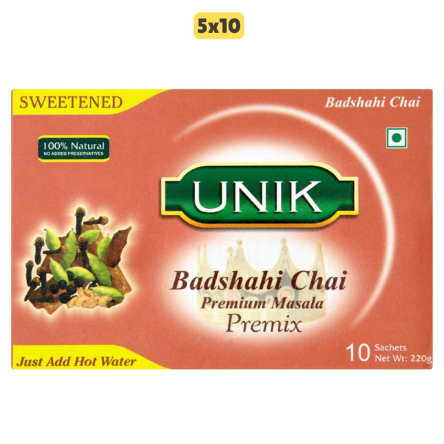 Unik Sweetened Badshahi Chai Premium Masala Premix wholesale case containing sachets of spiced chai tea drink mix