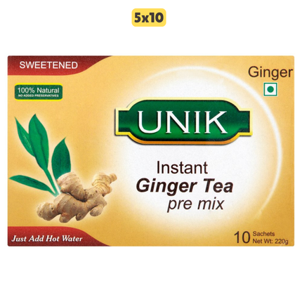 Unik Sweetened Instant Ginger Tea Pre Mix wholesale case containing sachets of ginger tea drink mix