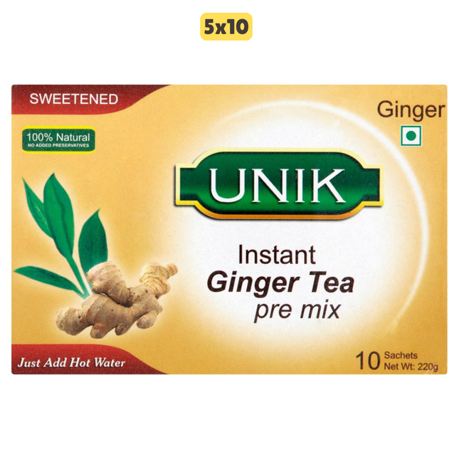 Unik Sweetened Instant Ginger Tea Pre Mix wholesale case containing sachets of ginger tea drink mix