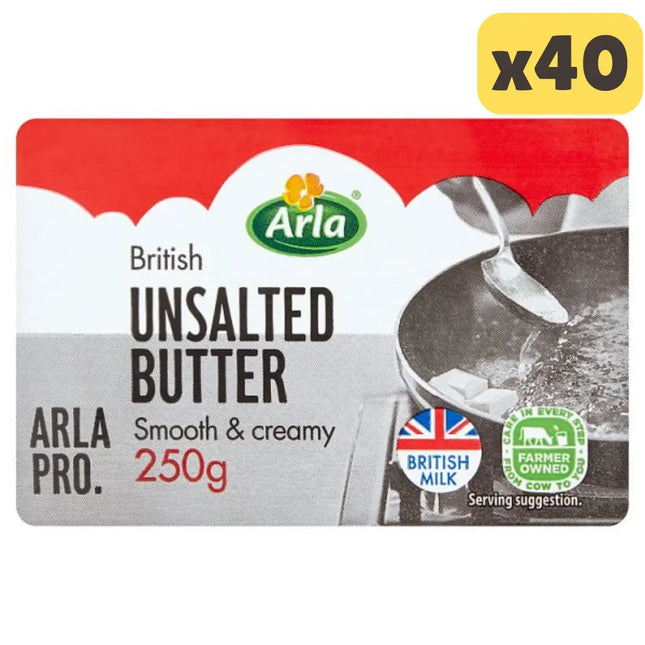 Arla British Unsalted Butter wholesale case containing 40 packs of creamy British unsalted butter