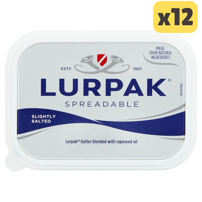 Lurpak Slightly Salted Spreadable wholesale case containing 12 x 250g butter blend tubs for hospitality and catering use