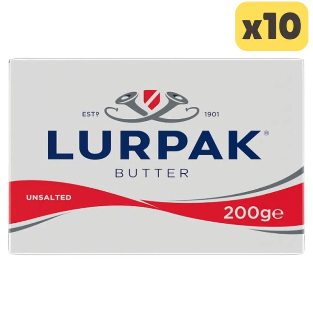 Lurpak unsalted butter wholesale case containing 10 x 200g premium creamy butter blocks for baking and cooking