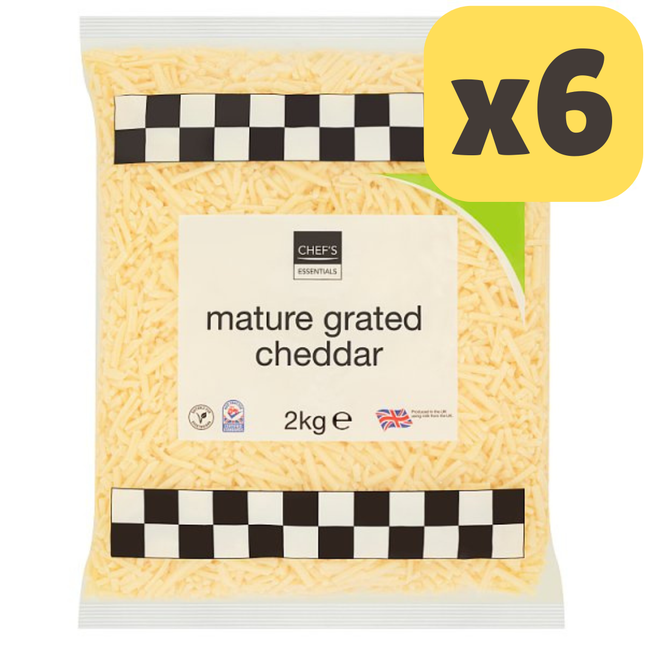 Chef's Essentials mature grated cheddar wholesale catering case containing 6 x 2kg cheese bags for foodservice kitchens