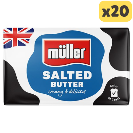 Müller salted British butter wholesale case containing 20 x 250g butter blocks for baking catering and foodservice use