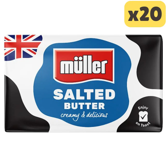 Müller salted British butter wholesale case containing 20 x 250g butter blocks for baking catering and foodservice use