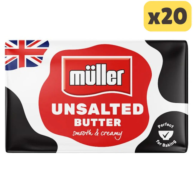 Müller unsalted British butter wholesale case containing 20 x 250g butter blocks for baking catering and foodservice use