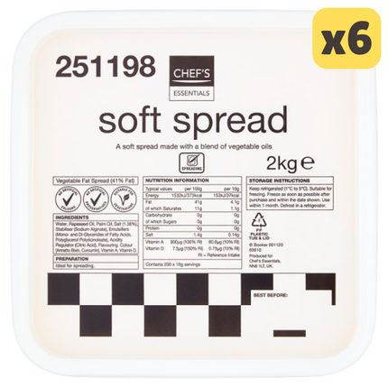Chef's Essentials Soft Spread wholesale case containing 6 x 2kg catering tubs for hospitality kitchens and foodservice use