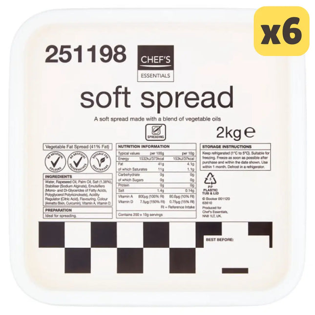 Chef's Essentials Soft Spread wholesale case containing 6 x 2kg catering tubs for hospitality kitchens and foodservice use