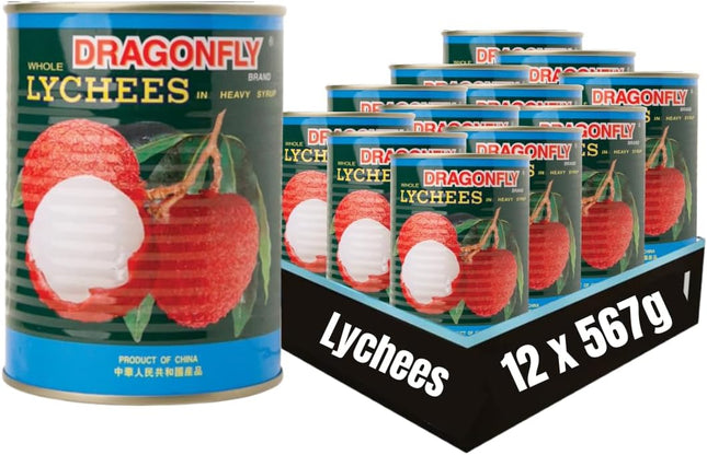Bulk tinned lychees in syrup catering case containing 12 x 567g canned lychee fruit for cocktails desserts and foodservice use