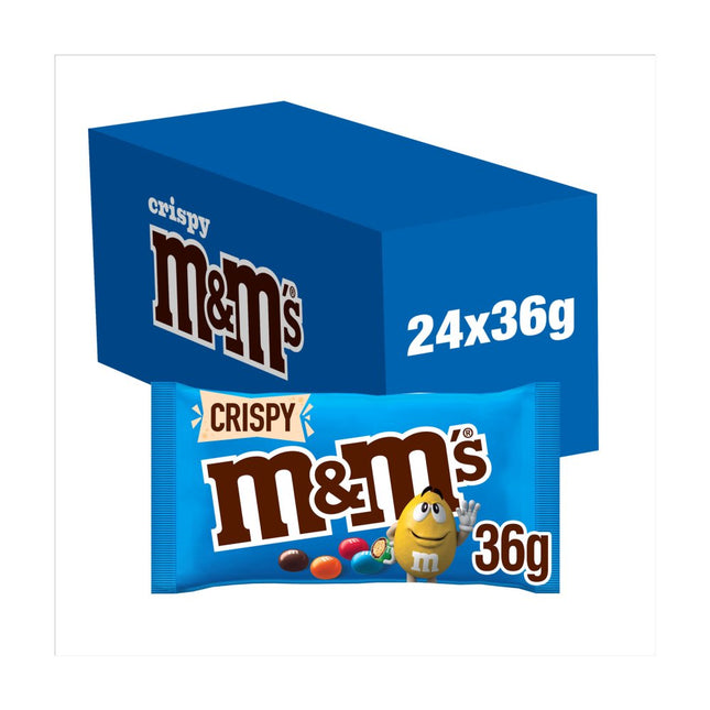 M&M'S crispy milk chocolate bags wholesale case containing 24 x 36g snack packs for retail offices and catering use