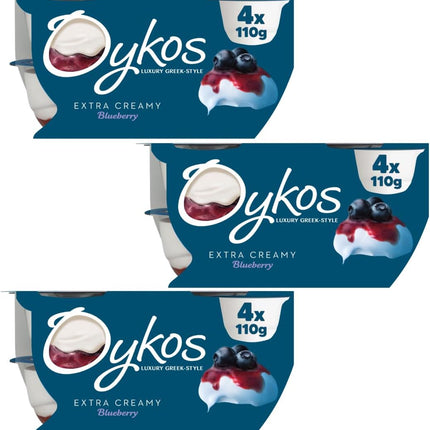 OYKOS blueberry Greek yogurt multipack containing 12 x 110g luxury thick and creamy yogurt pots