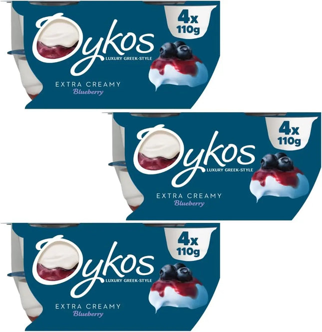 OYKOS blueberry Greek yogurt multipack containing 12 x 110g luxury thick and creamy yogurt pots