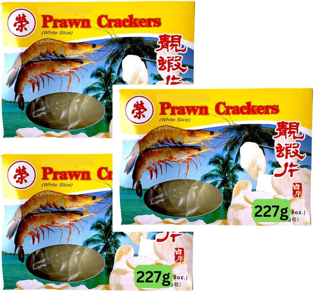 Uncooked prawn crackers Asian shrimp chips 3 x 227g pack for frying snacks takeaway and restaurant catering use